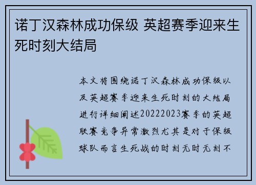 诺丁汉森林成功保级 英超赛季迎来生死时刻大结局